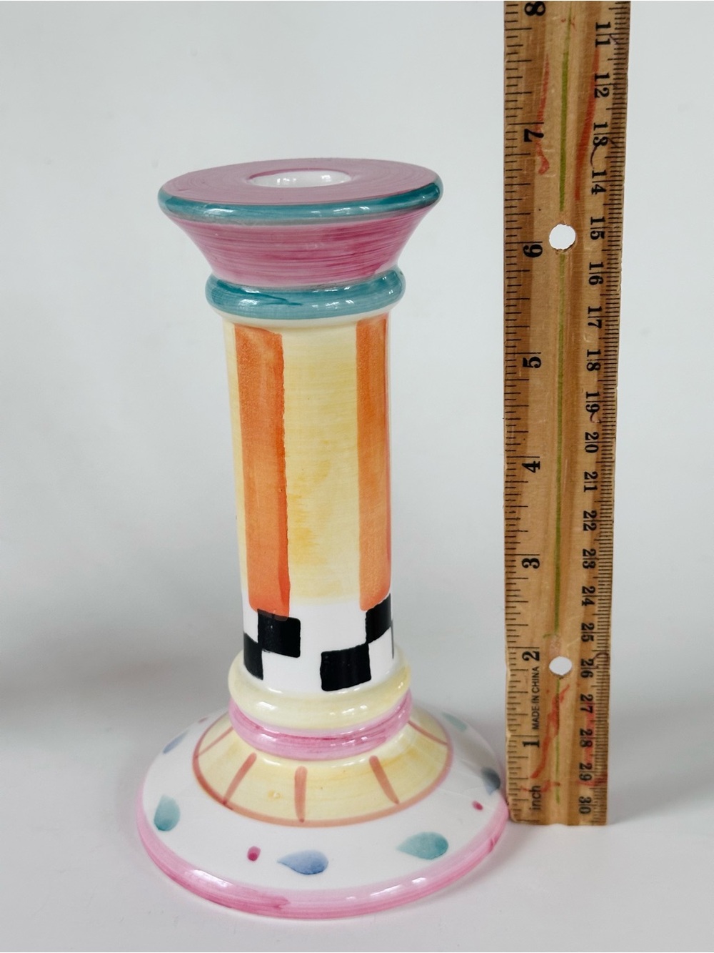 Hand-Painted Ceramic Candlestick Pair Pink Yellow Checkered Shabby Chic Cottage - Picture 8 of 8